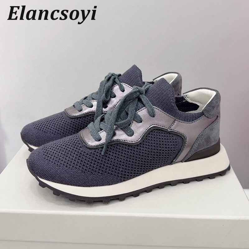 Knit Fabric Lace Up Sneakers - أحذية مسطحة للنساء سلسلة حبة الحياكة