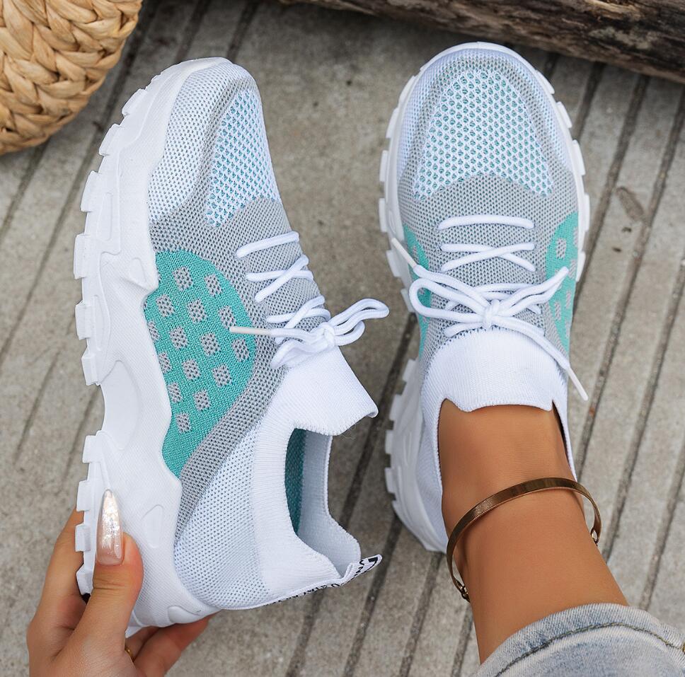 Knit Fabric Lace Up Sneakers - أحذية رياضية نسائية شبكية قابلة للتنفس،
