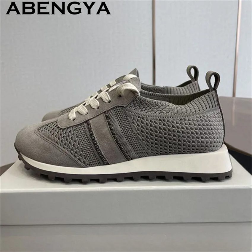 Knit Fabric Lace Up Sneakers - أحذية نسائية مسطحة كاجوال منسوجة برباط،