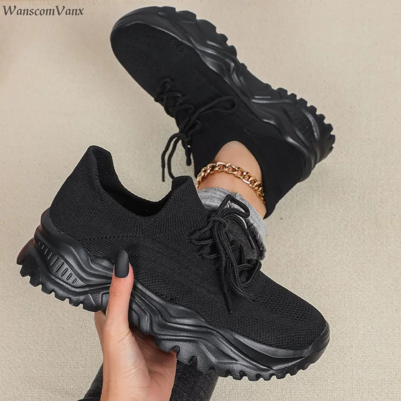 Knit Fabric Lace Up Sneakers - أحذية رياضية عصرية بنعل سميك للنساء
