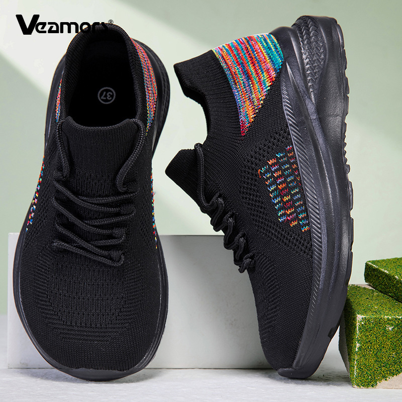 Knit Fabric Lace Up Sneakers - أحذية رياضية شبكية قابلة للتهوية للنساء،