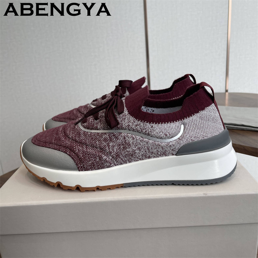 Knit Fabric Lace Up Sneakers - أحذية رجالية جديدة متعددة الألوان محبوكة،