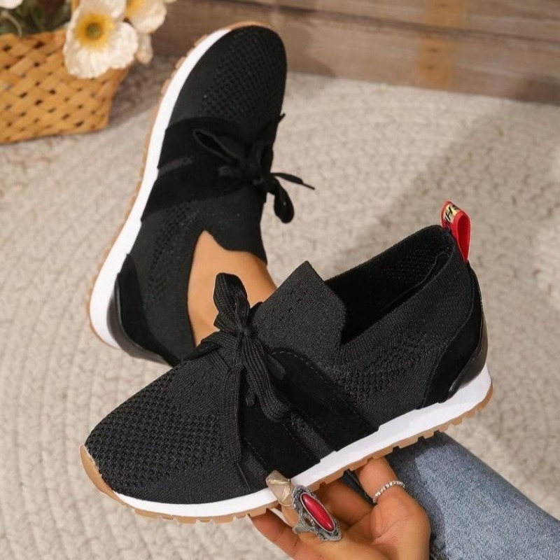 جديد أسود متماسكة تنفس المرأة  - مراجعة Knit Fabric Lace Up Sneakers وسعره
