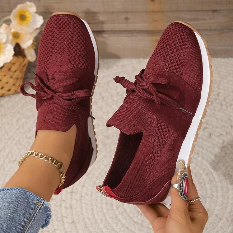 جديد أسود متماسكة تنفس المرأة  - مراجعة Knit Fabric Lace Up Sneakers وسعره