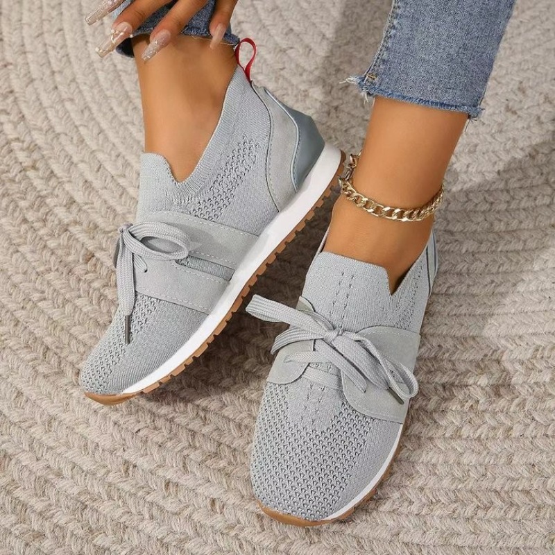 جديد أسود متماسكة تنفس المرأة  - مراجعة Knit Fabric Lace Up Sneakers وسعره