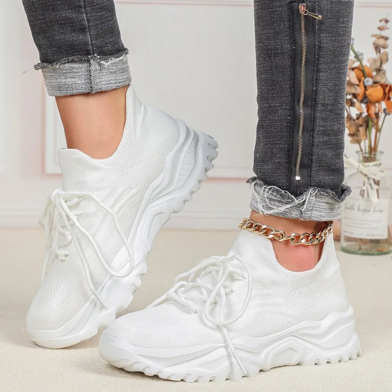 أحذية رياضية عصرية بنعل سميك ل - مراجعة Knit Fabric Lace Up Sneakers وسعره