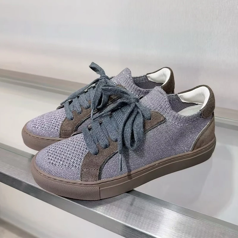 النساء متماسكة تنفس أحذية رياض - مراجعة Knit Fabric Lace Up Sneakers وسعره