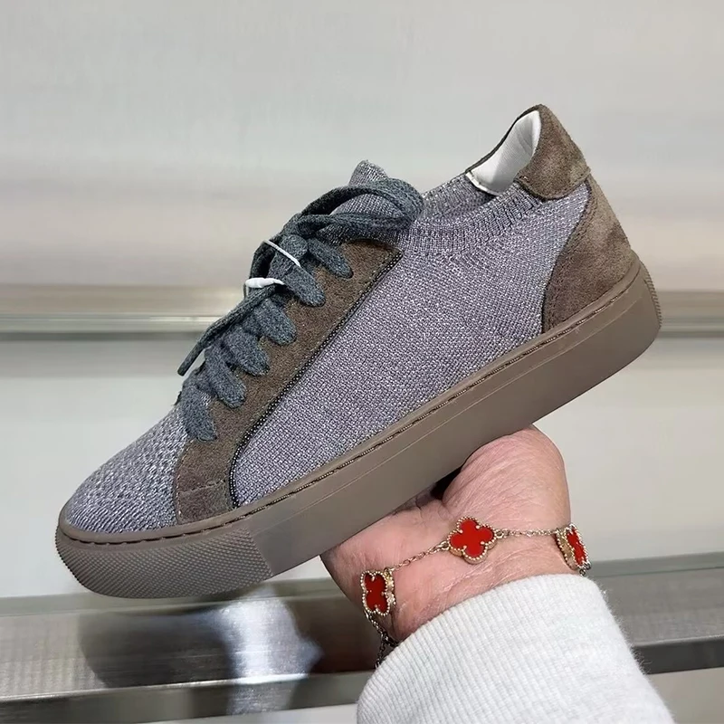 النساء متماسكة تنفس أحذية رياض - مراجعة Knit Fabric Lace Up Sneakers وسعره